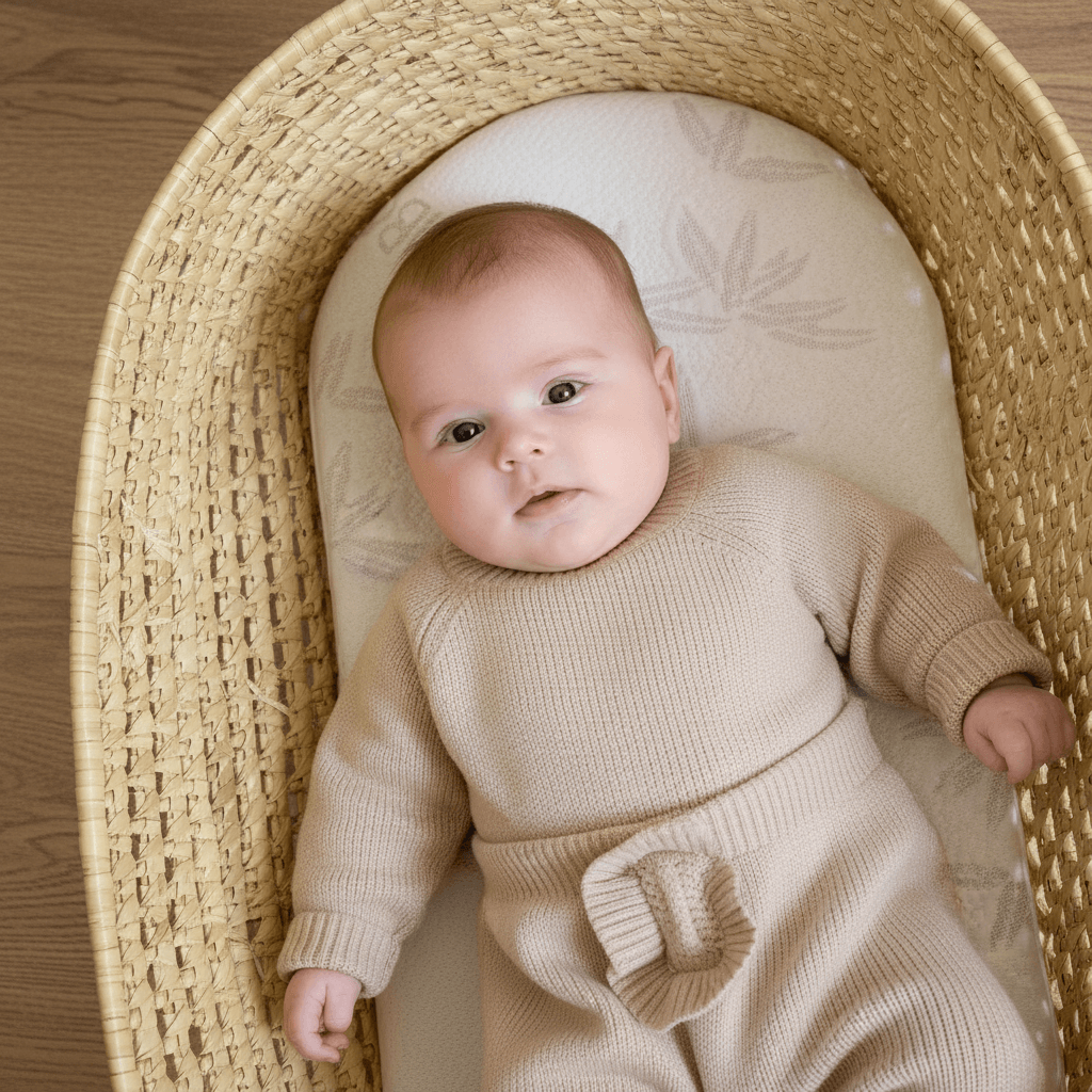 Baby lying on a Natural Bamboo Mattress in a Palm Moses Basket | A Guide to Moses Basket Mattresses - Clair de Lune UK