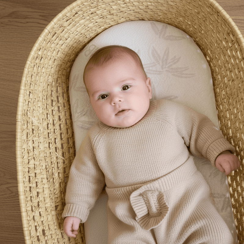 Baby lying on a Natural Bamboo Mattress in a Palm Moses Basket | A Guide to Moses Basket Mattresses - Clair de Lune UK
