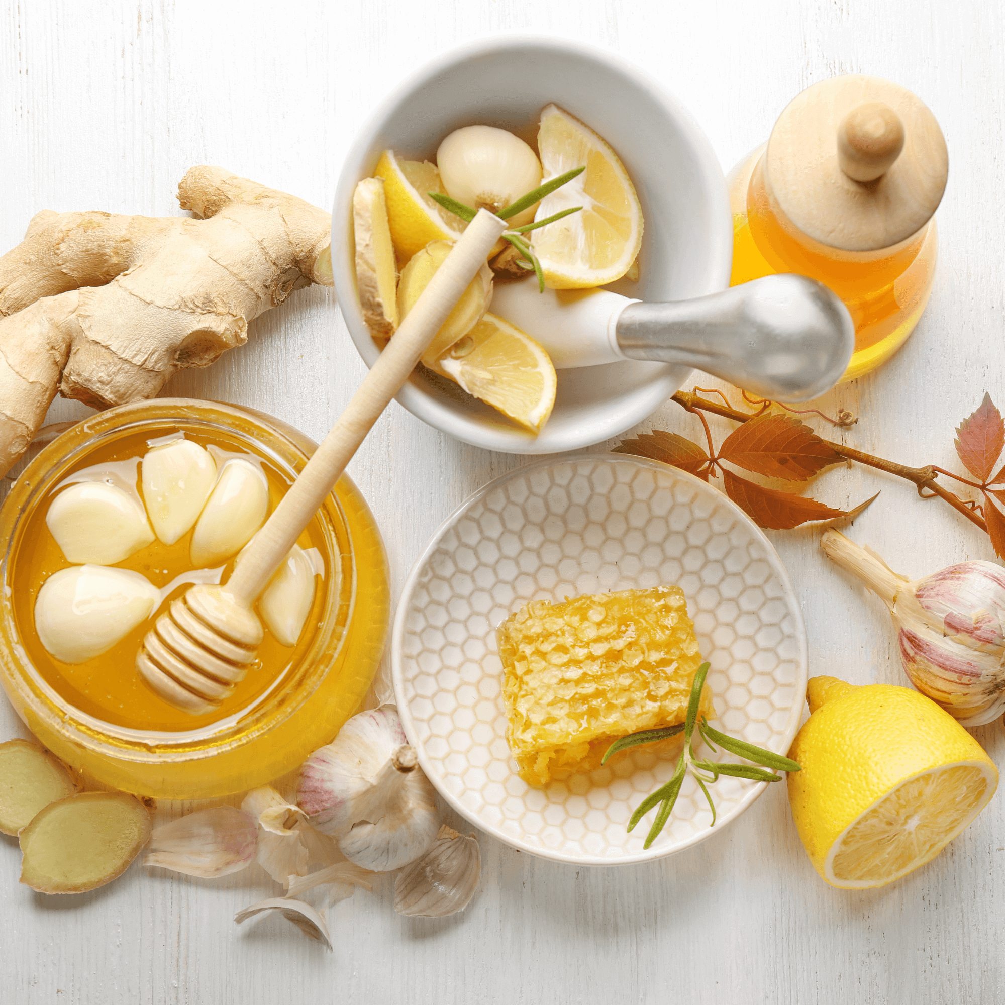 Lemon, ginger and honey ready to be made into a stunning tea with honey stirrer | Natural remedy for morning sickness - Clair de Lune UK