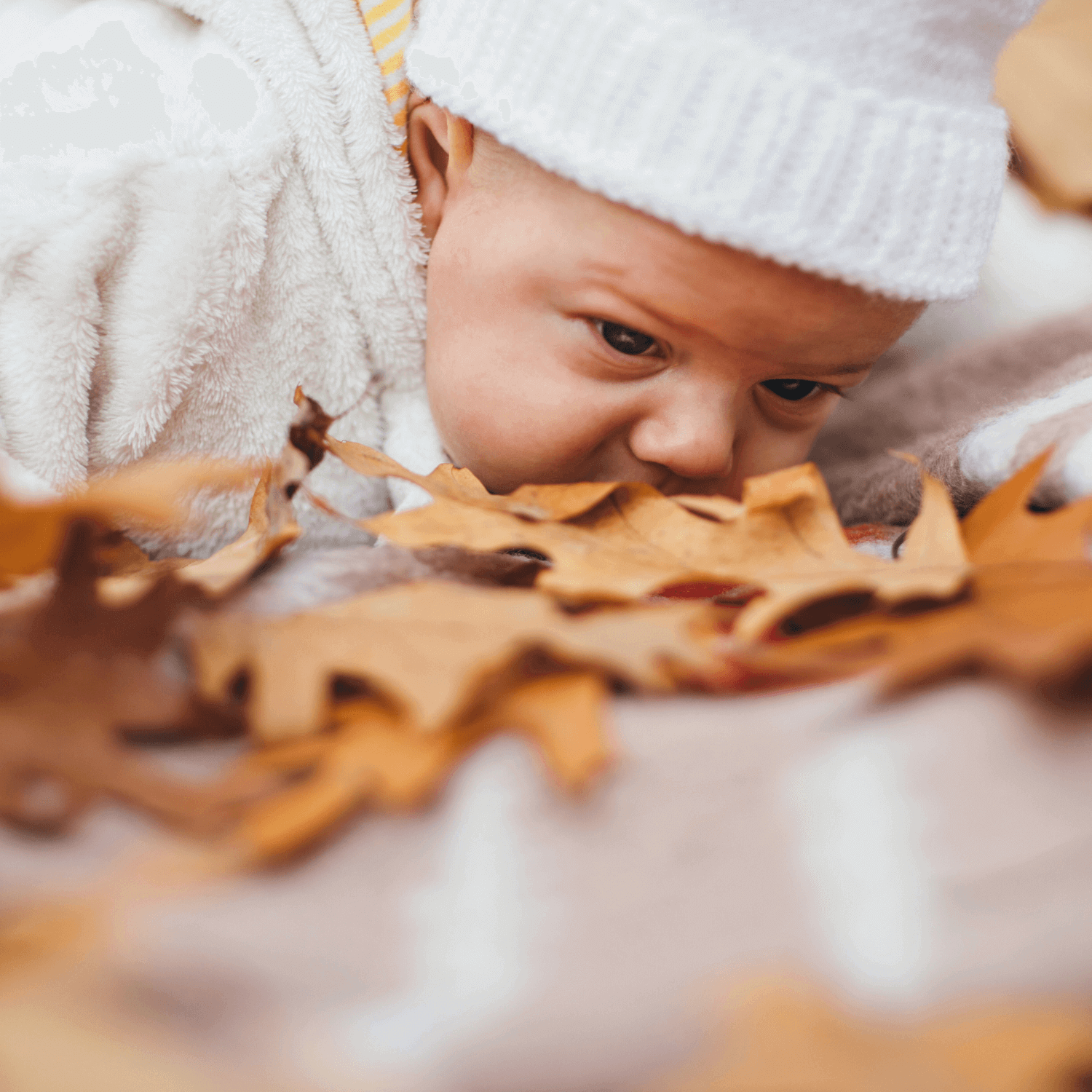 Newborn baby wearing a white knitted hat lying on their tummy on brown autumn leaves | Top 10 Autumn-Inspired Baby Names | News - Clair de Lune UK