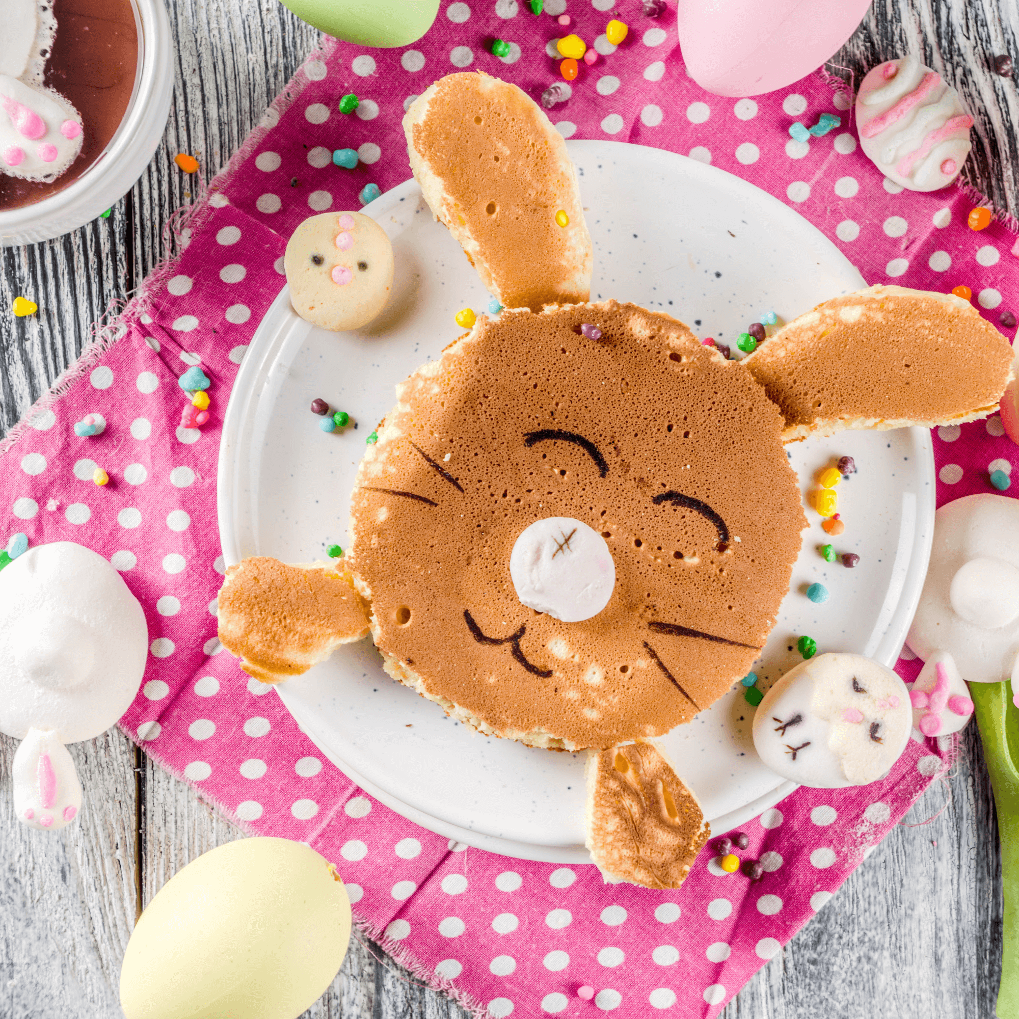 Easter Bunny pancake with marshmallow nose on a gingham plate | Easter | Family time - Clair de Lune UK