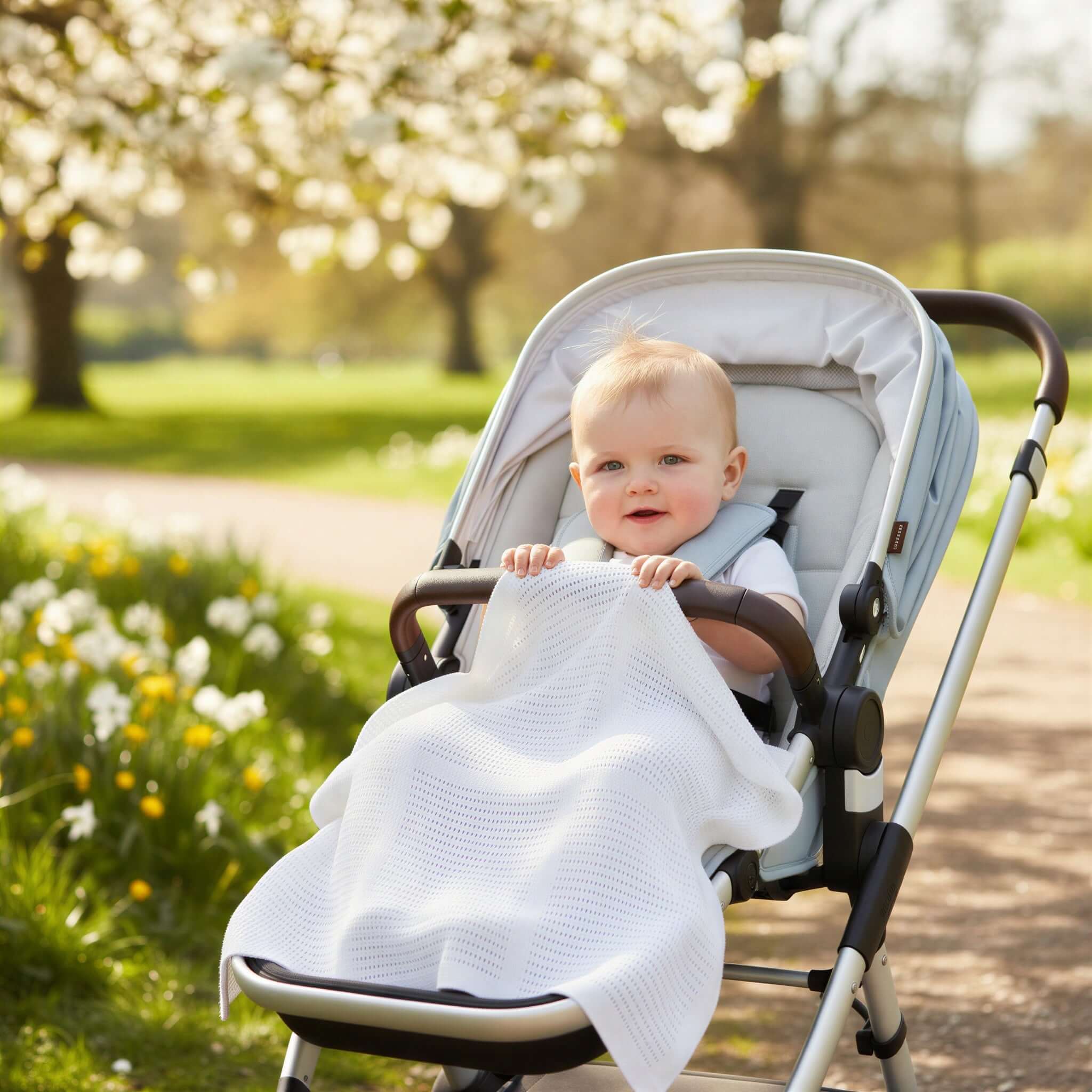 Baby in the pram with soft cotton cellular shawl | Top 8 Spring Baby Essentials - Buying Guide