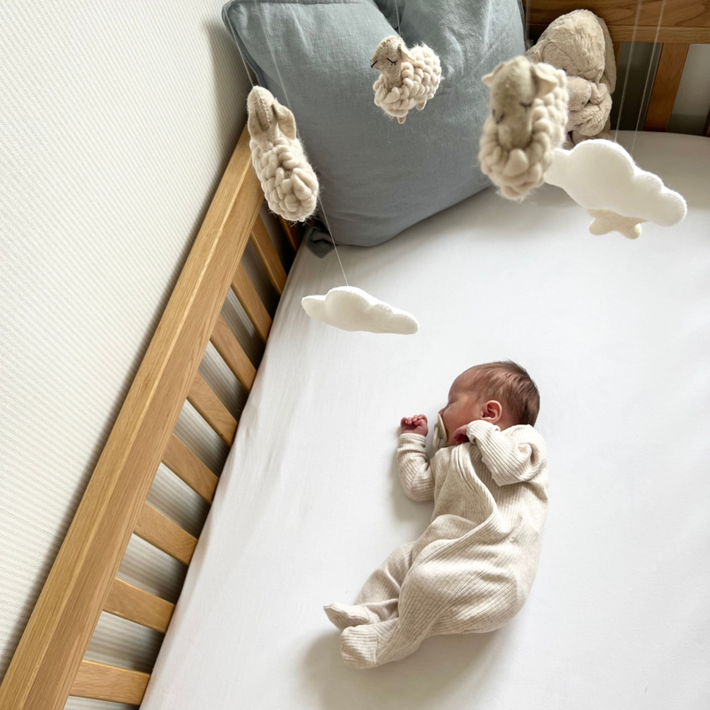 Baby wearing white onsie in the Savannah palm moses basket on a jute rug | Co sleepers - Clair de Lune UK