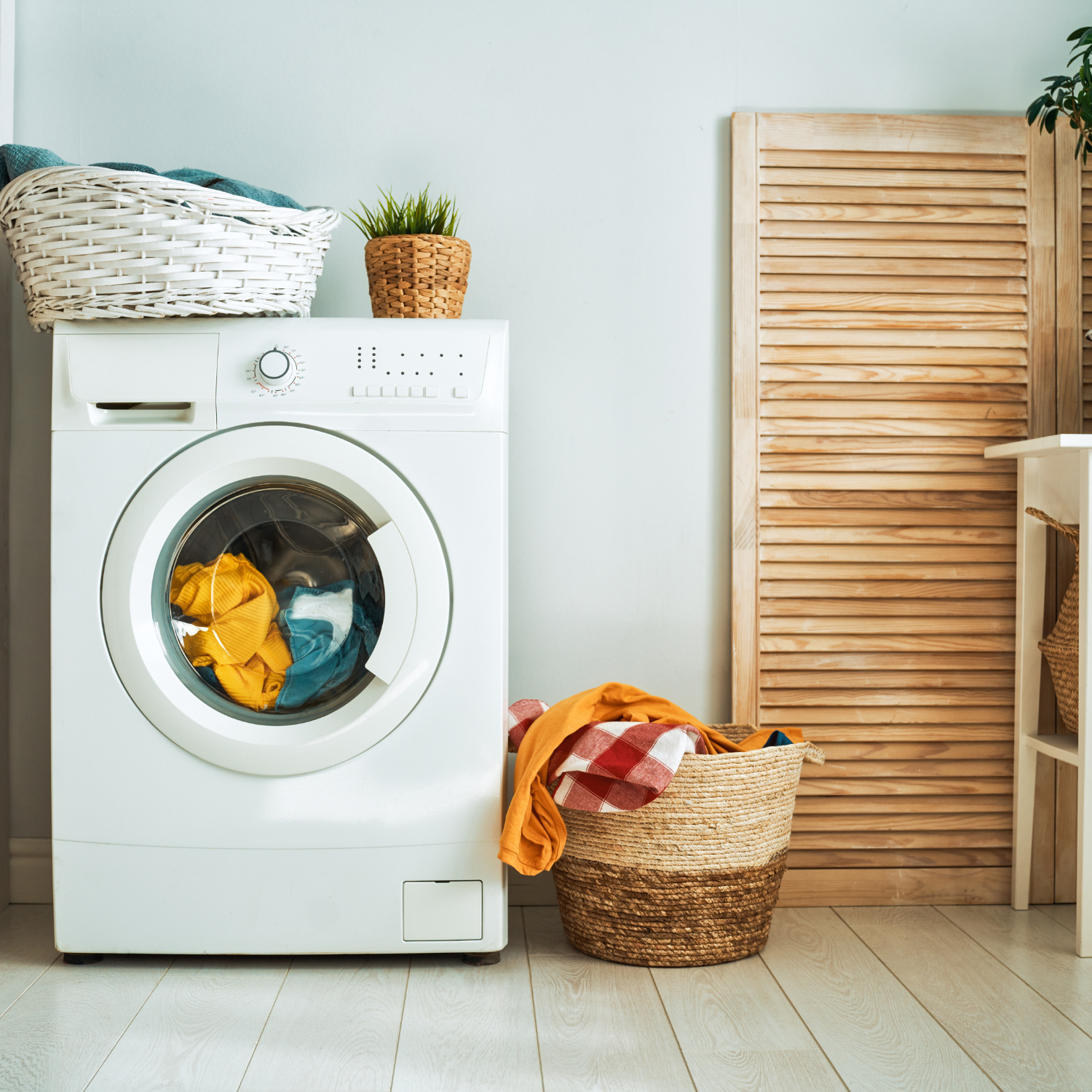 Pile of baby clothes and moses dressings next to a washing machine | Parenting tips and advice - Clair de Lune UK