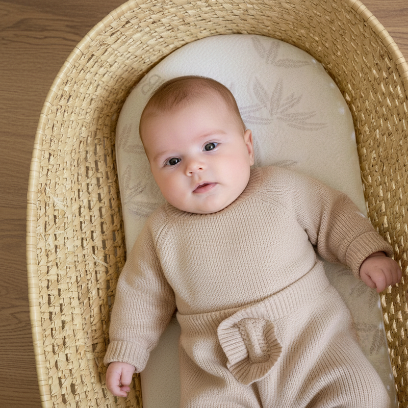 Baby lying on a Natural Bamboo Mattress in a Palm Moses Basket | A Guide to Moses Basket Mattresses - Clair de Lune UK