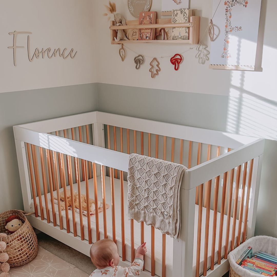 Obaby white and natural mini cot bed in a scandi style nursery | Nursery furniture - Clair de Lune UK