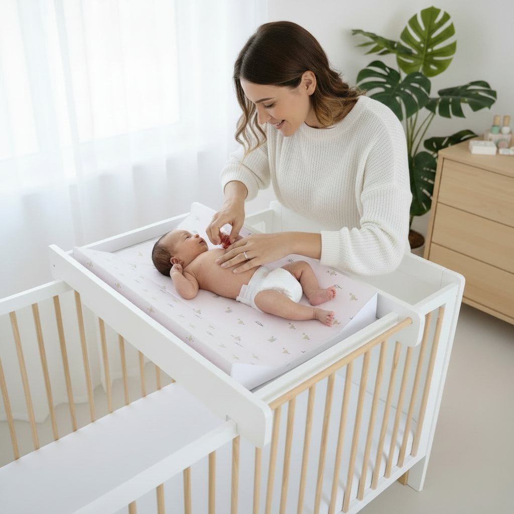 Mum attending to her newbron on the Little Duckling Anti-Roll Wedge Changing Mat | Choosing the Right Changing Mat - Clair de Lune UK