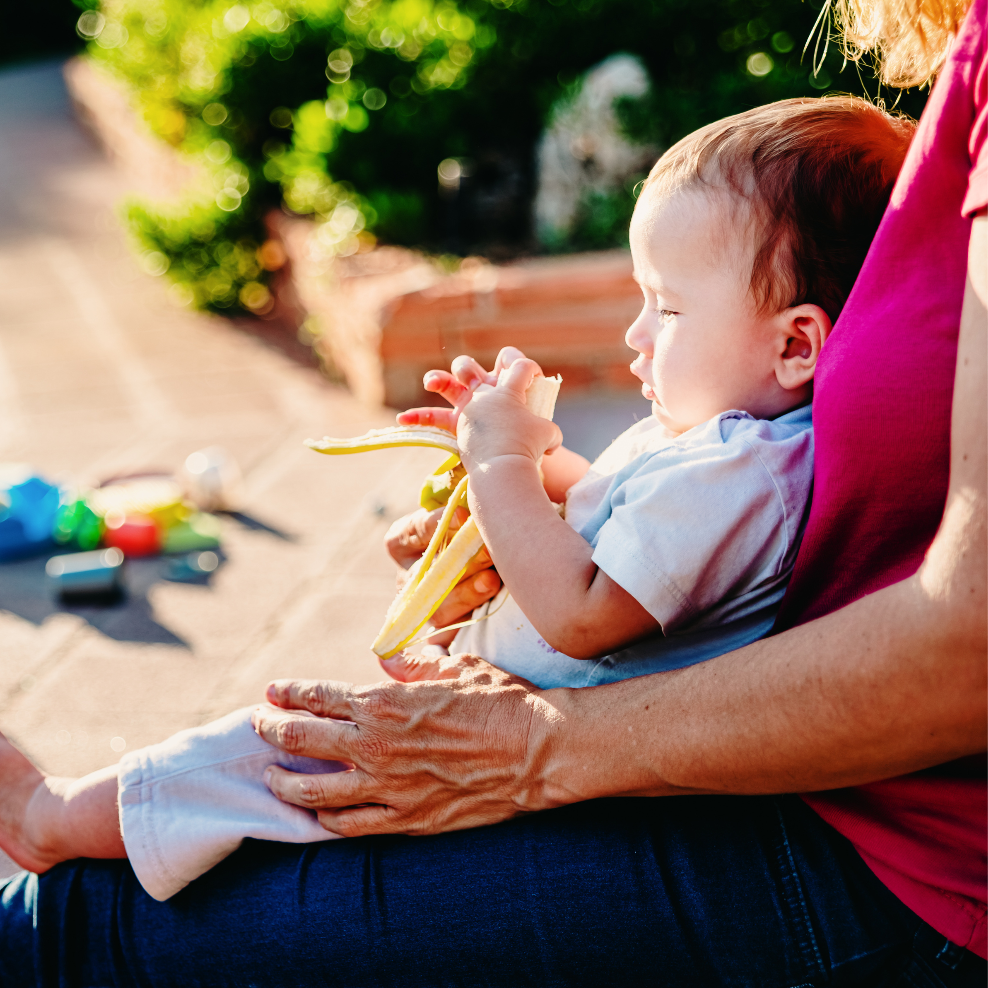 Baby sat on grandmas knee in the sunshine eating a banana | Feeding and Weaning - Clair de Lune UK