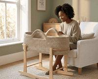 Mum watching over her baby in the Champagne Crochet Moses Basket | Top Moses Baskets of 2026 | Parenting & Buying Guides - Clair de Lune UK