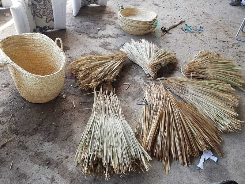 Image of palm fronds laid out on the floor of a Moroccan factory ready to be handwoven into a Palm Moses basket | Bassinets | News - Clair de Lune UK