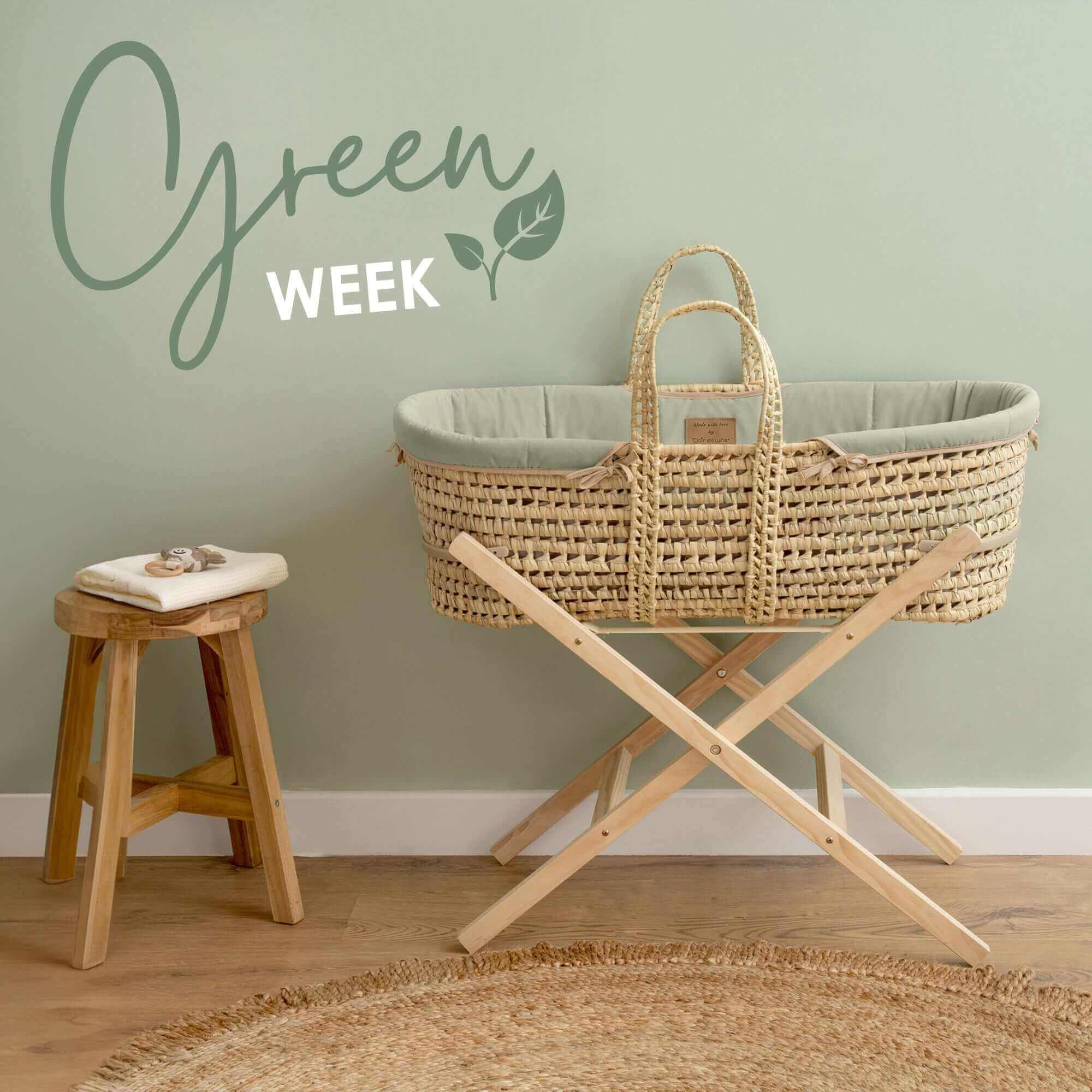 Celebrate Earth Day with Clair de Lune's Organic Range | Organic Palm Moses Basket with natural pine folding stand in a neutral green nursery | Co-Sleepers - Clair de Lune UK