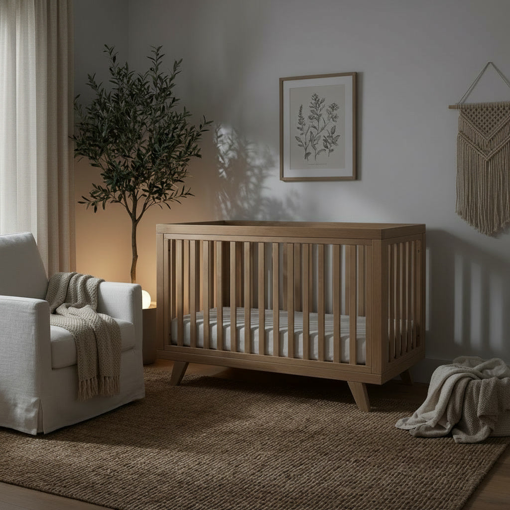 Solid Oak Cot Bed in a nursery ready for bedtime