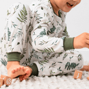 Close up on baby boy wearing the Grow Grows Organic Country Leaf Pyjamas | Organic Kids PJs and Nightwear - Clair de Lune UK