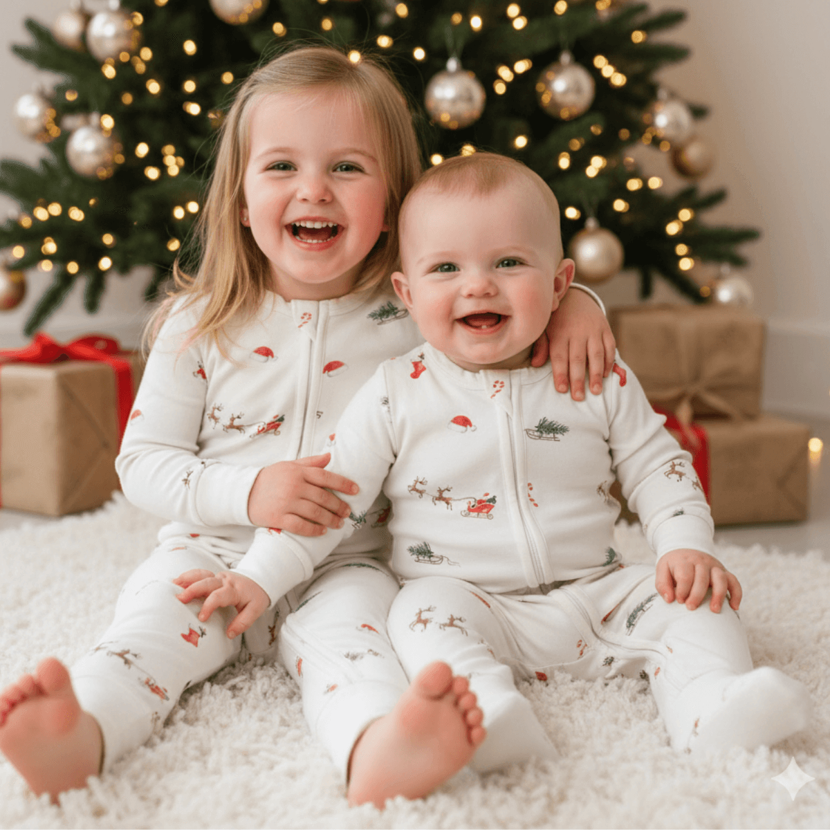 Toddler and baby in front of the Christmas tree wearing Grow Grows Organic Christmas Eve Sleepsuit | Baby Grows and Onesies | Organic Baby Clothes - Clair de Lune UK