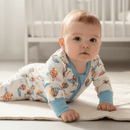 Baby crawling on the floor of the nursery wearing the GrowGrows Organic Up, Up & Away Sleepsuit | Baby Grows and Onesies | Organic Baby Clothes - Clair de Lune UK