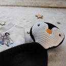 Close up of the Organic Knitted GrowGrows Penguin Animal Comforter - Clair de Lune UK