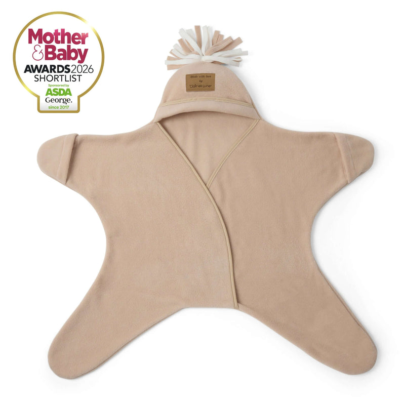 Beige Star Fleece Baby Wrap Blanket with no buttons or zips Shortlisted for a Mother & Baby Award 2026 | Cosy Baby Blankets | Swaddle Blanket | Nursery Bedding - Clair de Lune UK