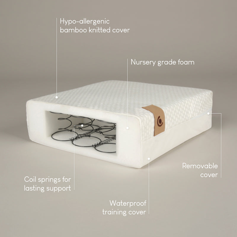 Cuddleco Harmony Cot Mattress in Cot with Cross-Section showing the Coils and diagram of the features and benefits for baby - Clair de Lune UK