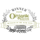 Award badge for 'The Organic & Sustainable Baby Awards' showing a 'Platinum Winner 2026 Retailer of the Year 2026' for Clair de Lune UK