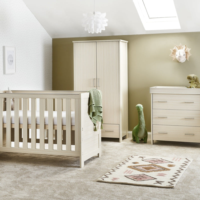 Obaby Nika Oatmeal Cot Bed and Room Sets including a cot bed, a wardrobe and a changer in a gender neutral nursery room | Nursery Furniture Sets | Room Sets | Nursery Furniture - Clair de Lune UK