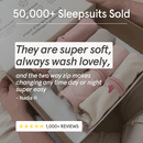 Folded pink and beige sleepsuits from GrowGrows in a box with customer review text overlay. - Clair de Lune UK