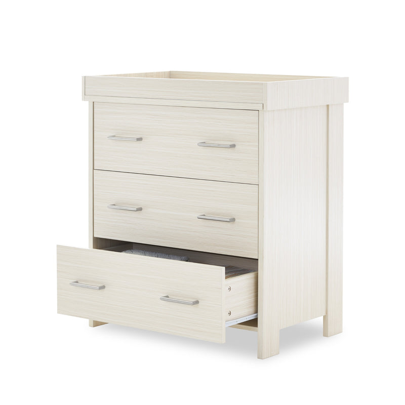 Obaby Nika Oatmeal Closed Changing Unit & Dresser with an open drawer | Baby Bath & Changing Units | Baby Bath Time - Clair de Lune UK