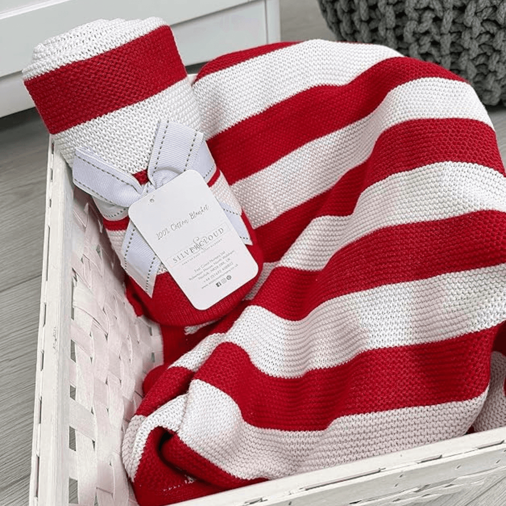 Effe Bebe Sweet Stripe Cotton Sherpa Baby Blanket – 30x40 Inches, British Red, Cable Knit