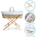 Special Buy - Star Palm Moses Basket with Stand Bundle & Blanket showing the mattress and fitted sheet | Moses Baby Baskets, Bassinets | Nursery Furniture - Clair de Lune UK