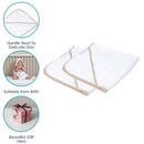2 Pack Basic Hooded Towels in Biscuit showing the USPs | Baby Bathing & Changing Essentials - Clair de Lune UK