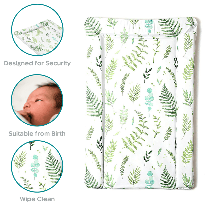 East Coast Botanical Changing Mat on White Background showing the USPs | Baby Bathing & Changing Essentials - Clair de Lune UK