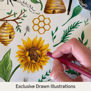 Exclusive hand drawn illustration of the Grow Grows Honey Bees Organic Sleepsuit | Baby Grows and Onesies | Organic Baby Clothing - Clair de Lune UK
