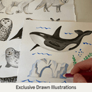 Exclusive hand drawn illustration on the Grow Grows Organic Arctic Animals Sleepsuit in a white room | Baby Grows and Onesies | Organic Baby Clothing - Clair de Lune UK