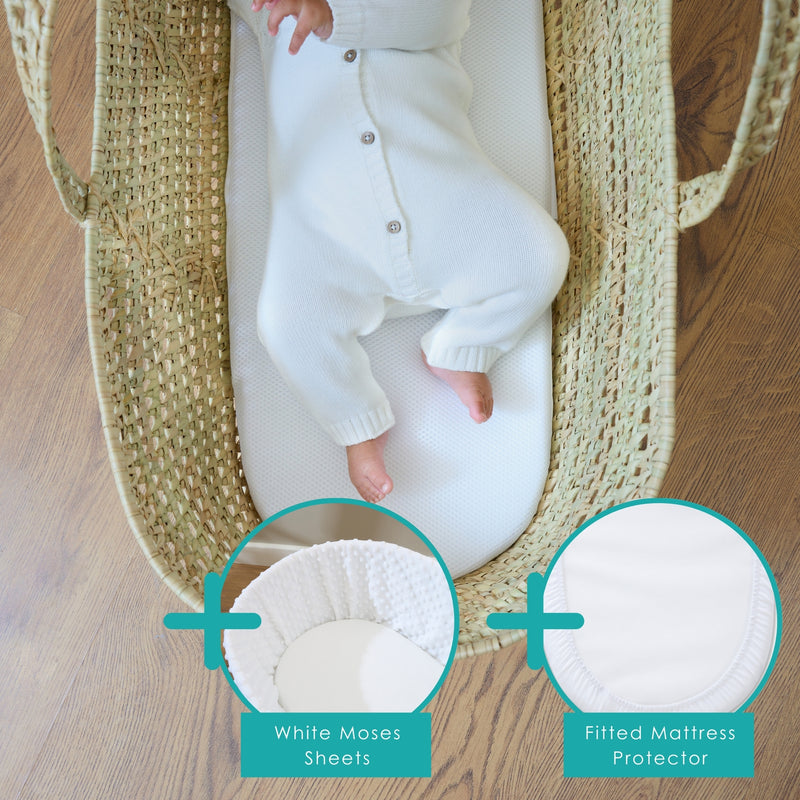 3D Mesh Reversible Moses Basket/Noah Pod® Mattress Bundled with 2 Pack Fitted Moses Basket Sheets and Moses Basket Mattress Protector - 74 x 28 cm | Moses Basket Mattresses | Newborn Bedding - Clair de Lune UK