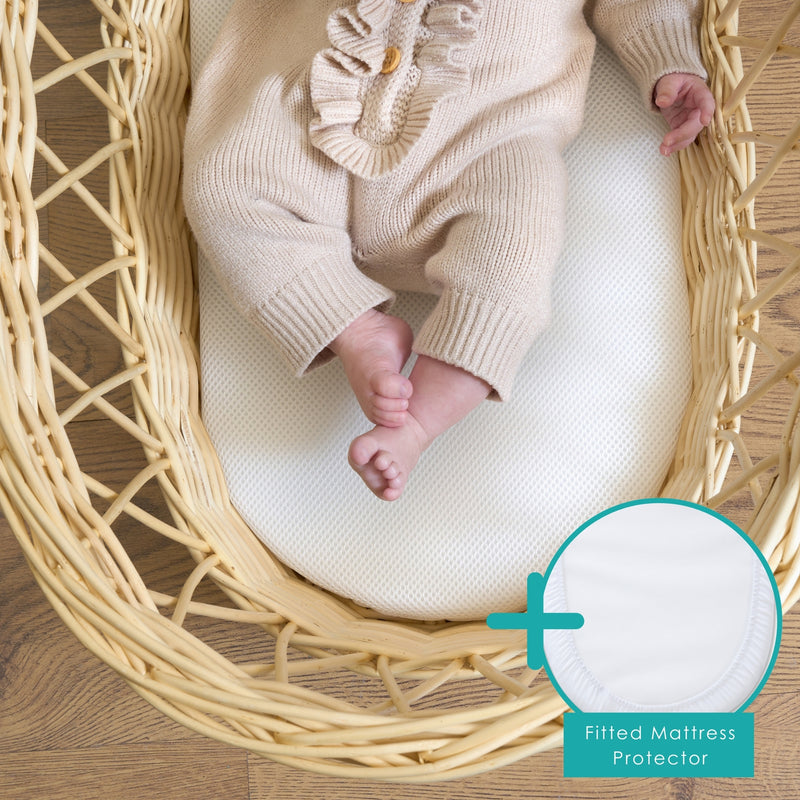 Baby lying on a 3D mesh wicker moses basket mattress Bundled with Moses Basket Matress Protector | Moses baby basket mattress | Moses & bassinet Accessories | Nursery - Clair de Lune UK