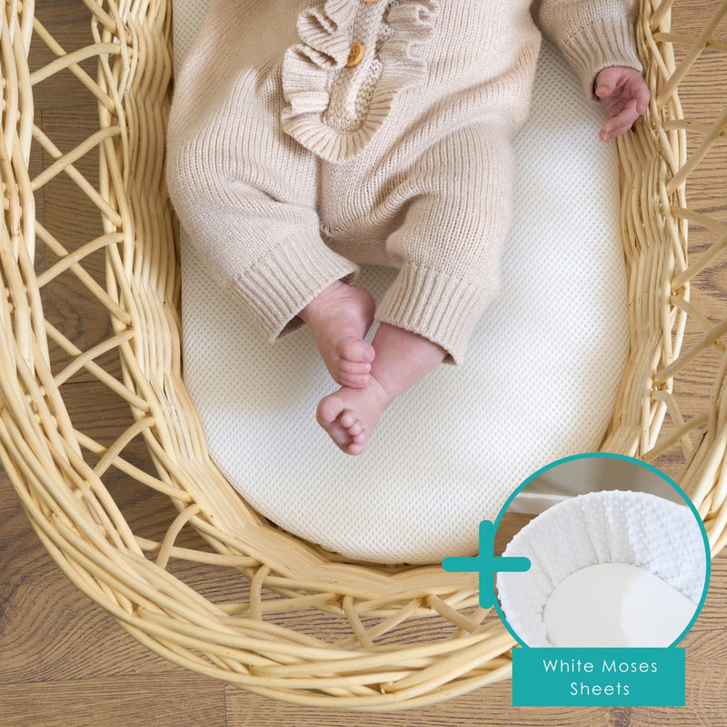 Baby lying on a 3D mesh wicker moses basket mattress Bundled with 2 pack white fitted cotton moses basket sheets | Moses baby basket mattress | Moses & bassinet Accessories | Nursery - Clair de Lune UK