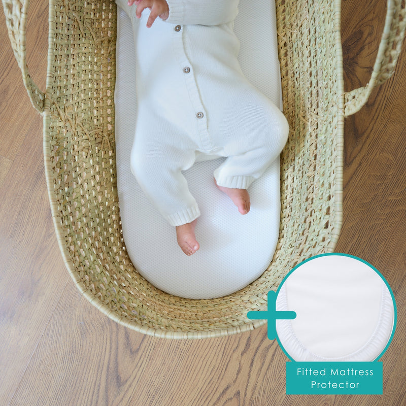  3D Mesh Reversible Moses Basket/Noah Pod® Mattress bundled with the fitted moses basket mattress protector - 74 x 28 cm | Moses Basket Mattresses | Newborn Bedding - Clair de Lune UK