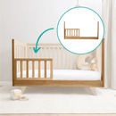 Landscape view of the Oak Cot Bed converted to a toddler bed with the extension kit add on bundle | Cots, Cot Beds, Toddler & Kid Beds | Baby Bed| Nursery Furniture - Clair de Lune UK