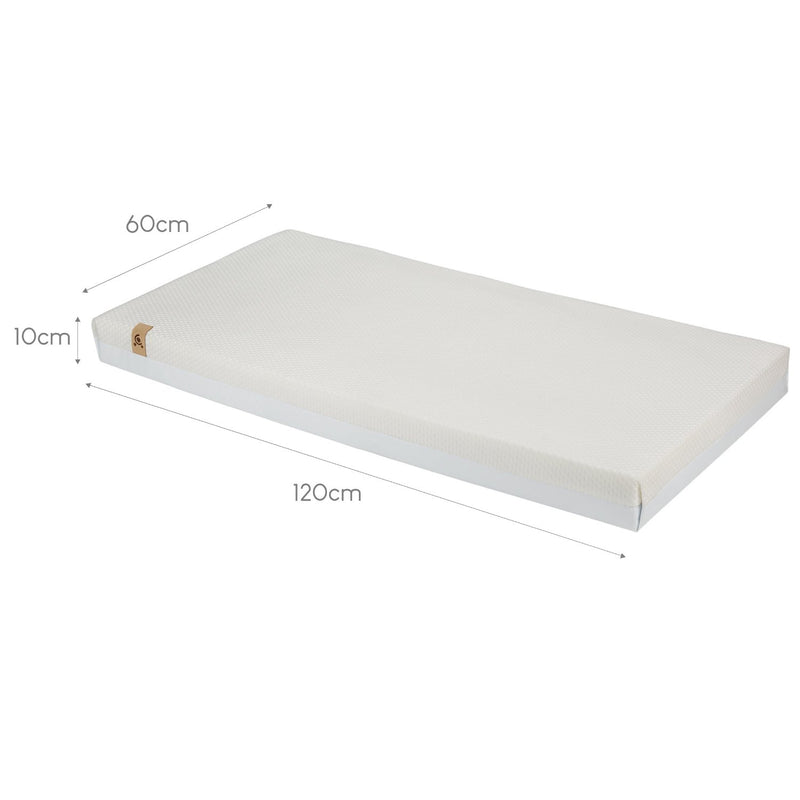 CuddleCo Signature Hypoallergenic Bamboo Pocket Sprung Cot Mattress dimensions diagram of 120 x 60 x 10 cm - Clair de Lune UK