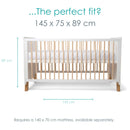 White Essentials Cot Bed diagram showing the 145 x 45 x 89 cm | Cots, Cot Beds & Toddler Beds | Nursery Furniture - Clair de Lune UK