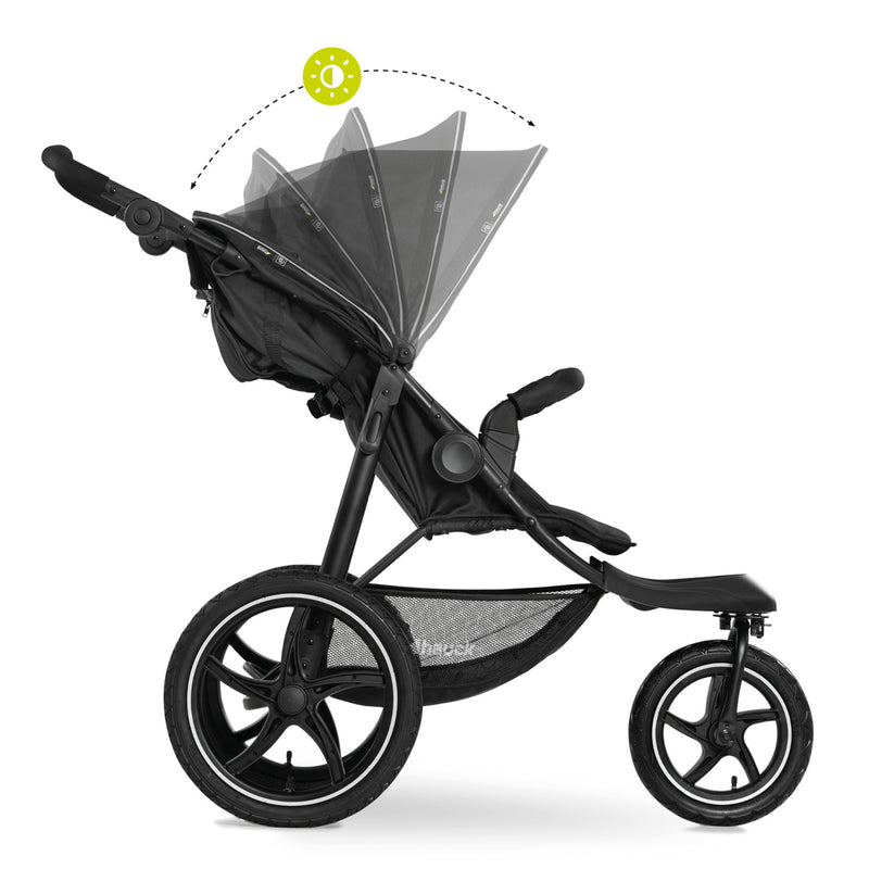 The adjustable hood of the Black Hauck Runner 2 Pushchair | Strollers | Pushchairs, Carrycots & Car Seats Baby | Travel Essentials - Clair de Lune UK