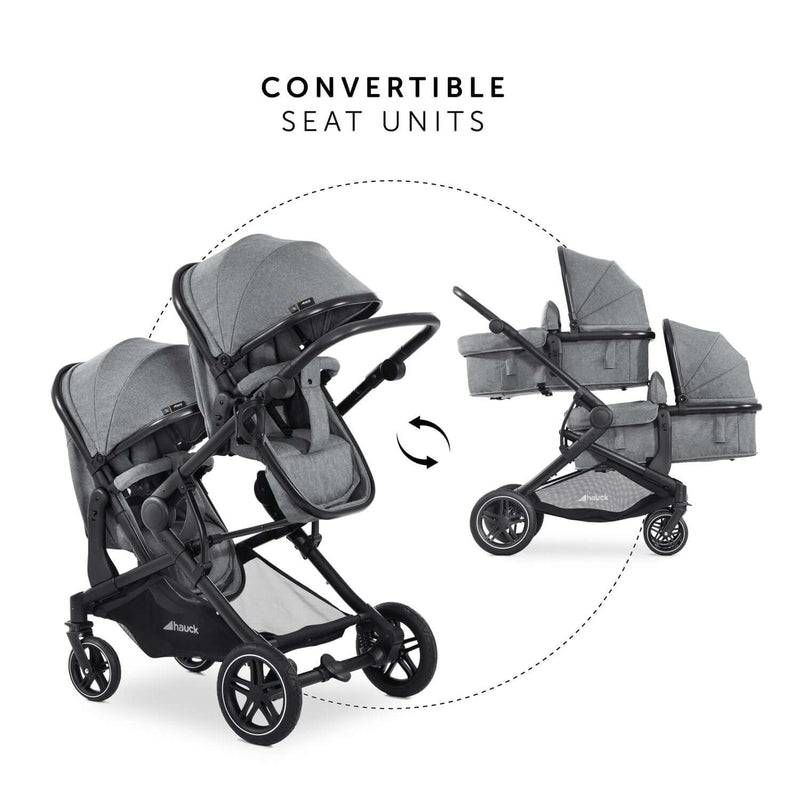 Two transformations of the Hauck Atlantic Twin Tandem Pushchair | Strollers, Pushchairs & Prams | Baby Travel Essentials - Clair de Lune UK