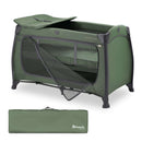 Dark Green Hauck Play N Relax Center  with the mesh zipped down and the travel storage bag on a white background | Travel Cots & Folding Cribs - Clair de Lune UK