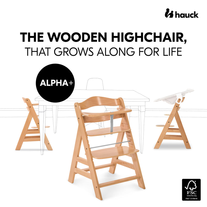Adjustable heights and seats of the Hauck Alpha+ Wooden Highchair with Removable Front Bar in Natural | Highchairs | Feeding & Weaning - Clair de Lune UK