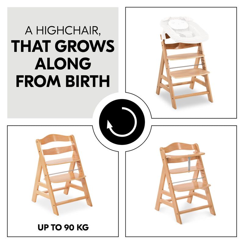 Three different stages of the Hauck Alpha+ Wooden Highchair with Removable Front Bar in Natural | Highchairs | Feeding & Weaning - Clair de Lune UK