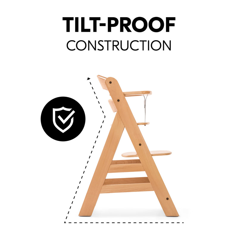  The tilt-proof Hauck Alpha+ Wooden Highchair with Removable Front Bar in Natural | Highchairs | Feeding & Weaning - Clair de Lune UK