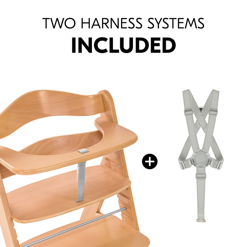 Hauck Alpha+ Wooden Highchair with Removable Front Bar in Natural with two harness systems for extra safety | Highchairs | Feeding & Weaning - Clair de Lune UK