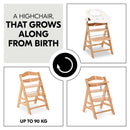 Diagram showing how the Hauck Alpha+ Wooden Highchair adapts and changes depending on your childs life stage | Baby Highchairs, stools and seats - Clair de Lune UK