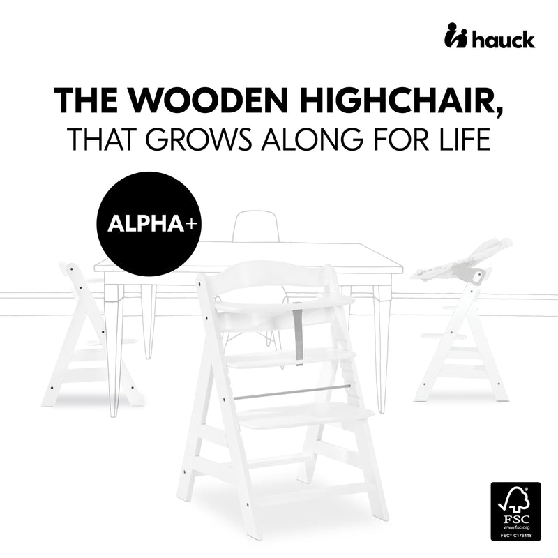 Adjustable heights and seats of the Hauck Alpha+ Wooden Highchair with Removable Front Bar in White | Highchairs | Feeding & Weaning - Clair de Lune UK
