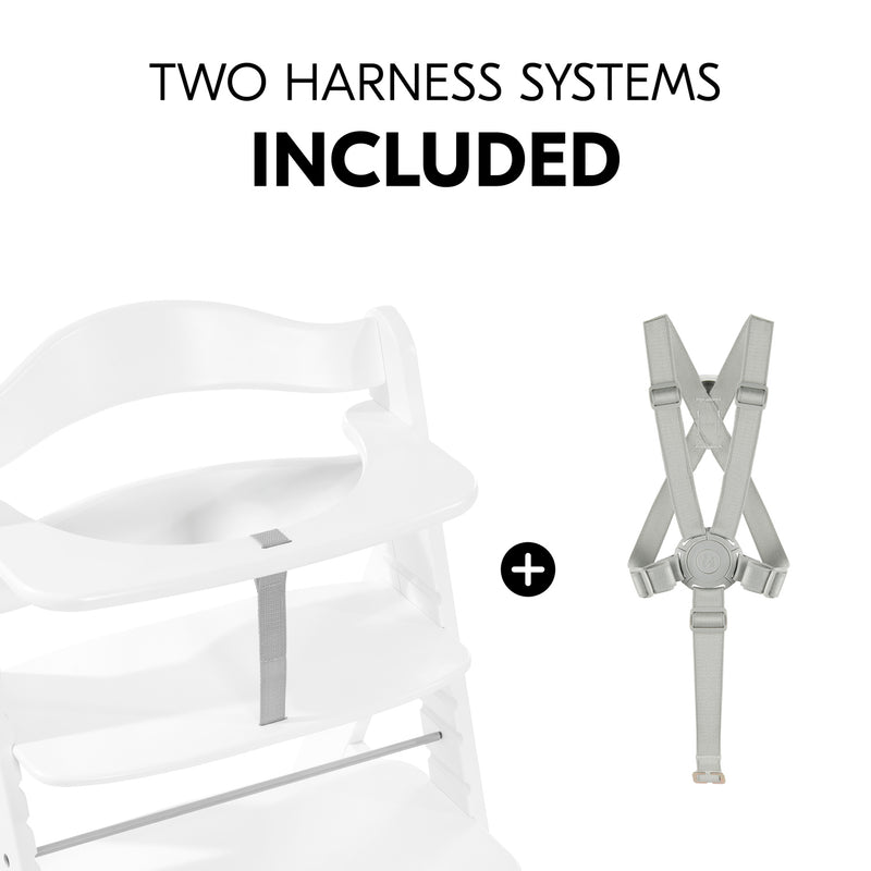 Hauck Alpha+ Wooden Highchair with Removable Front Bar in White with two harness systems for extra safety | Highchairs | Feeding & Weaning - Clair de Lune UK