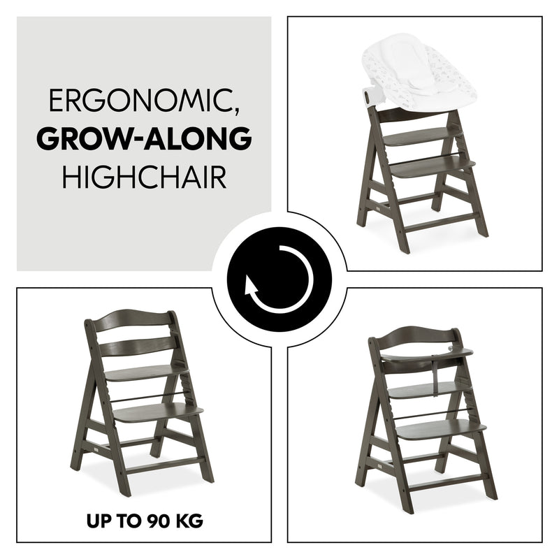 Growing with your child highchair with adjustable seat heights from the Hauck Alpha+ Bouncer and High Chair Bundle | Highchairs | Feeding & Weaning - Clair de Lune UK